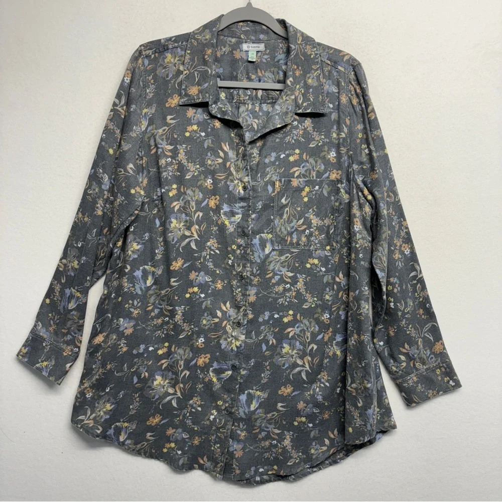 Susina Floral Button Down‎ Blouse Gray 1X